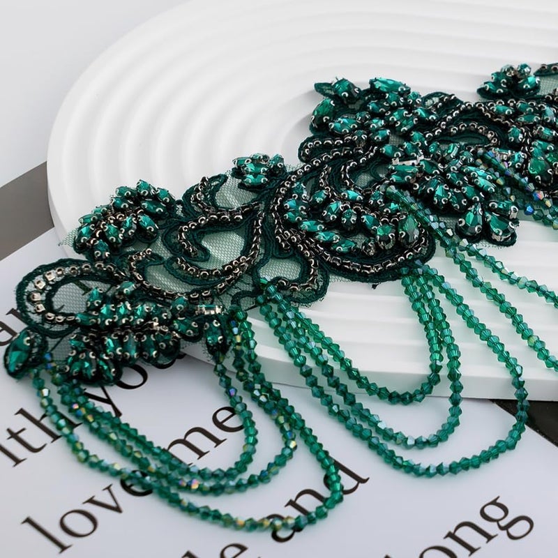 amusediy Deep Green Beaded Rhinestones Applique Embellishment for Clothes,Epaulettes Shoulder Patches Sew-on Diamond Sequin Applique for Wedding Dress DIY Accessories Belt Waist Decoration - Image 4